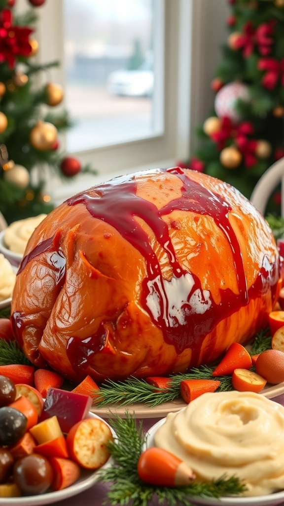 Holiday Glazed Ham with Festive Sides A holiday glazed ham with roasted vegetables and mashed potatoes on a festive table.